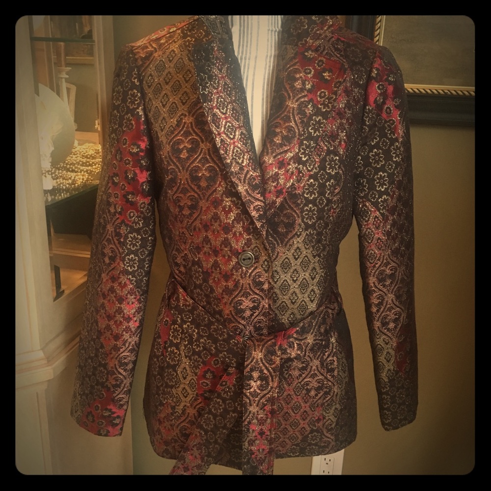 Cache Textured Brocade Jacket W’ Belt Lined Sz10 - image 1